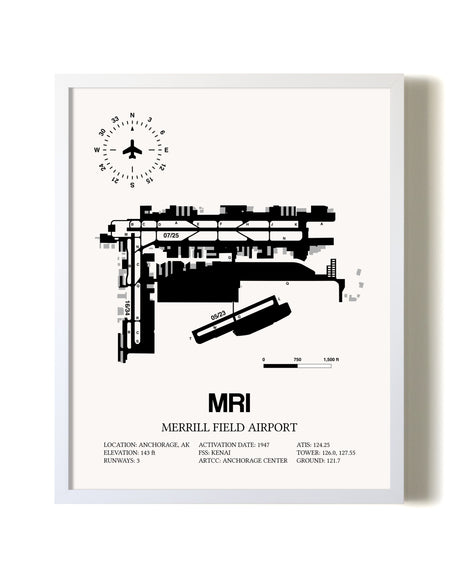 Merrill Field Airport airport map poster in oak frame