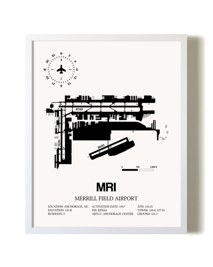 Merrill Field Airport airport map poster in oak frame