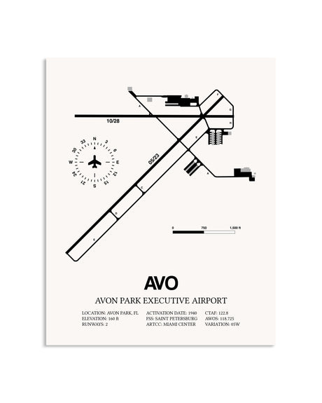 Gray Avon Park Executive Airport framed poster displayed in an airplane hangar