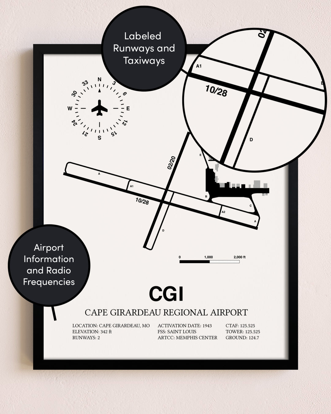 Framed Cape Girardeau Regional Airport layout wall art poster