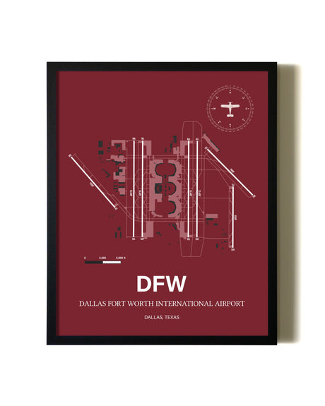 Red Framed Dallas-Fort Worth International Airport wall art poster in black frame