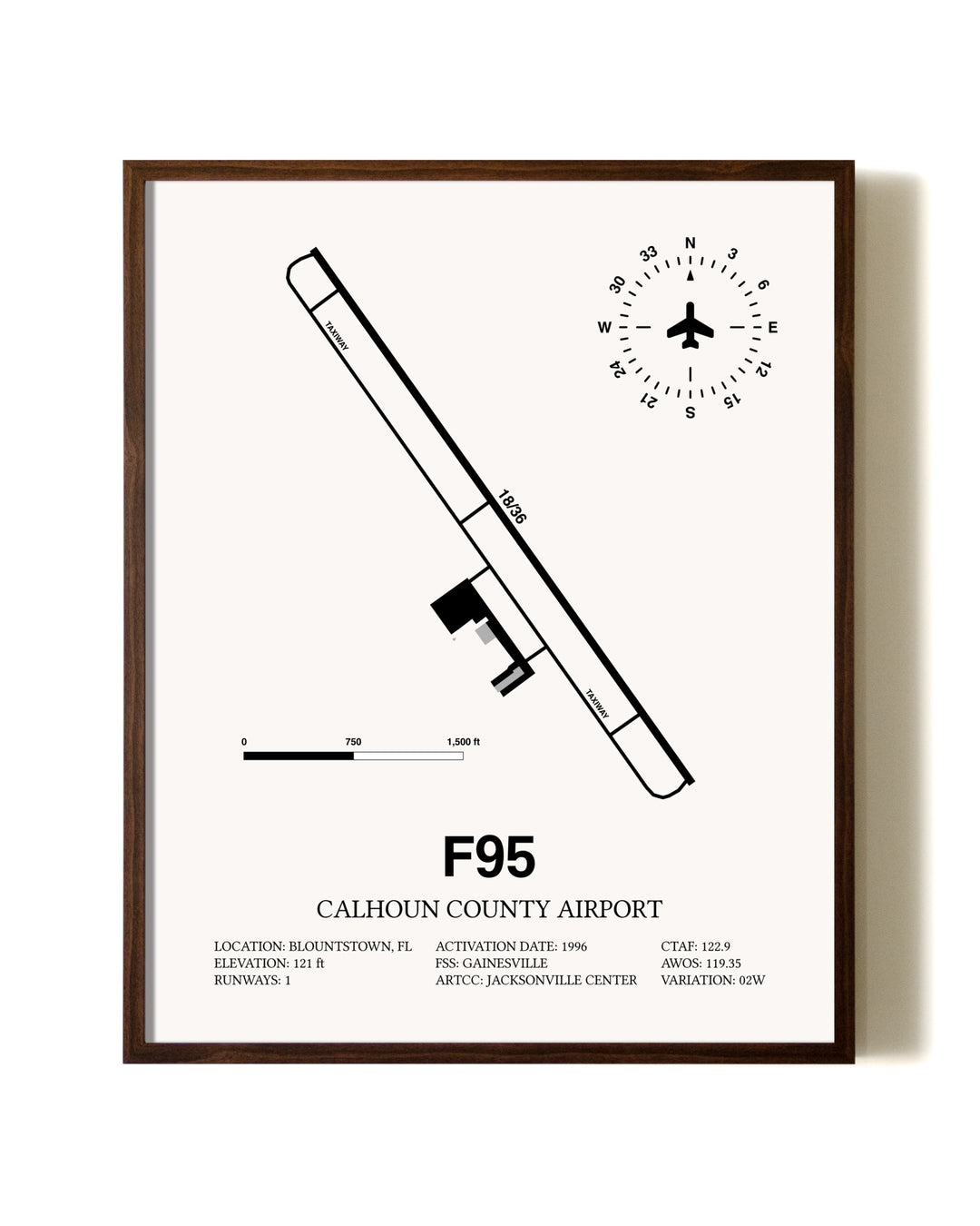 Calhoun County Airport aviation print in walnut frame