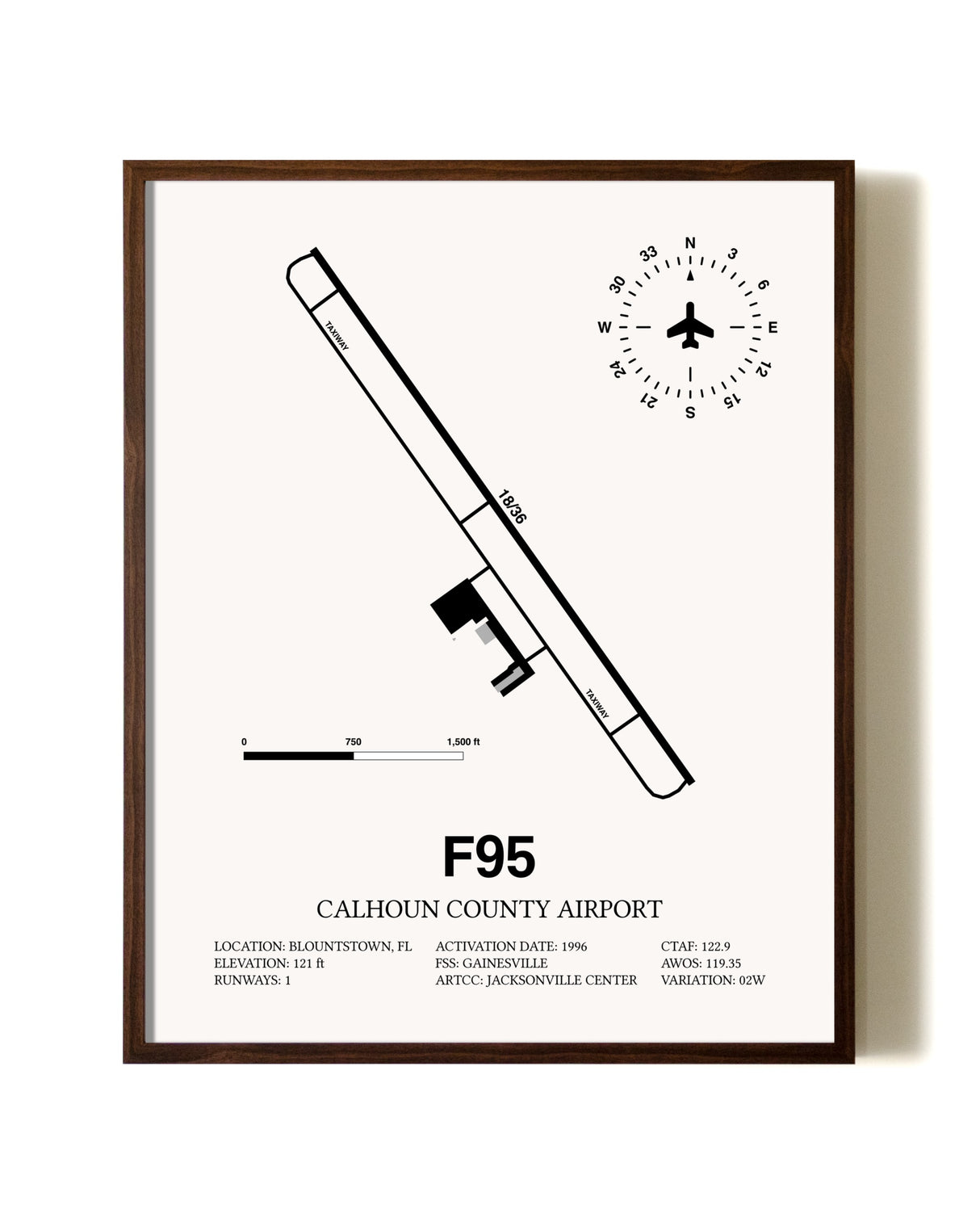 Calhoun County Airport aviation print in walnut frame