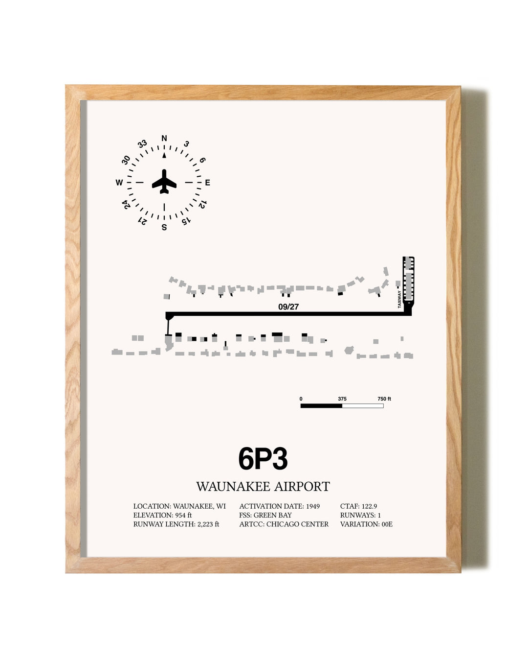 Waunakee Airport framed print in natural wood frame