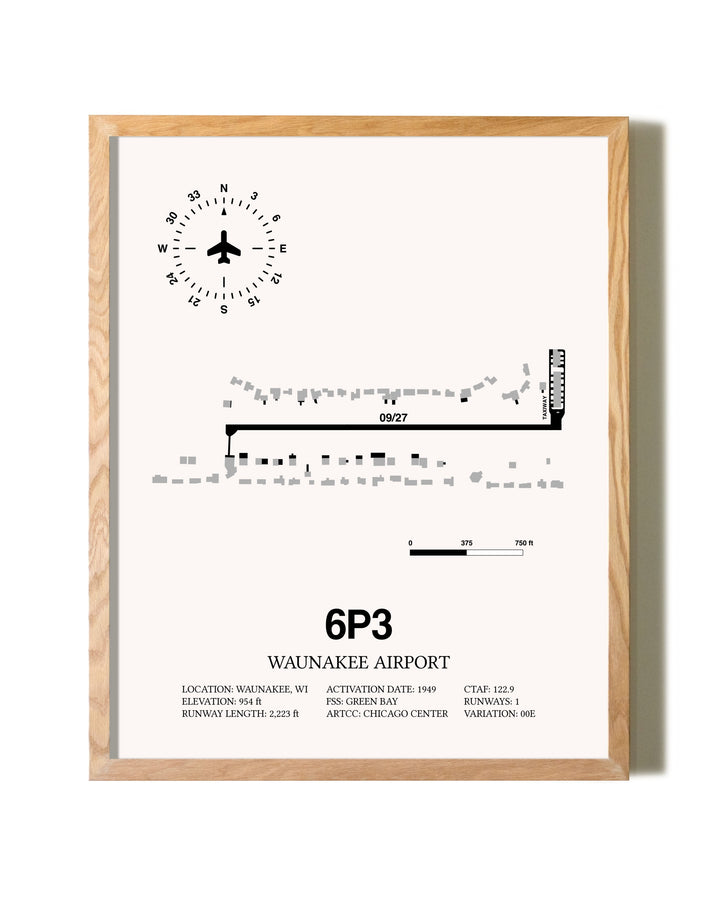 Waunakee Airport framed print in natural wood frame