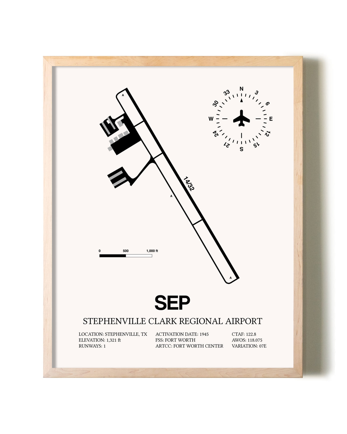 Stephenville Clark Regional Airport framed wall art in white frame