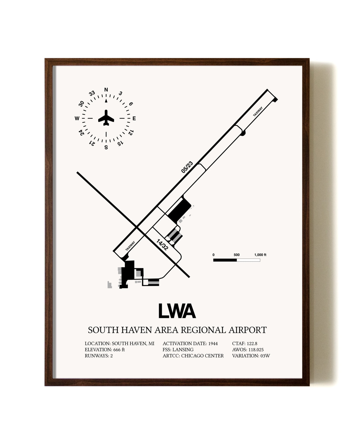 South Haven Area Regional Airport aviation print in walnut frame