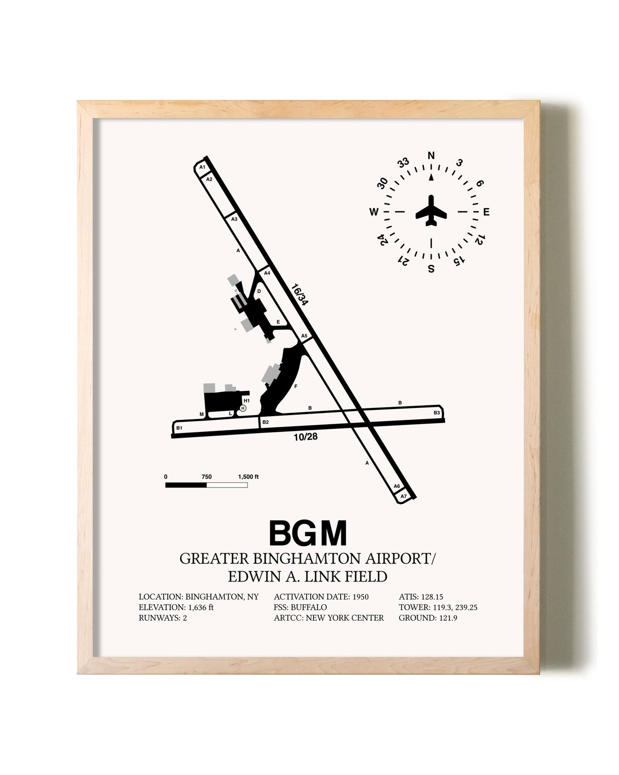 Greater Binghamton Airport / Edwin A. Link Field framed wall art in white frame