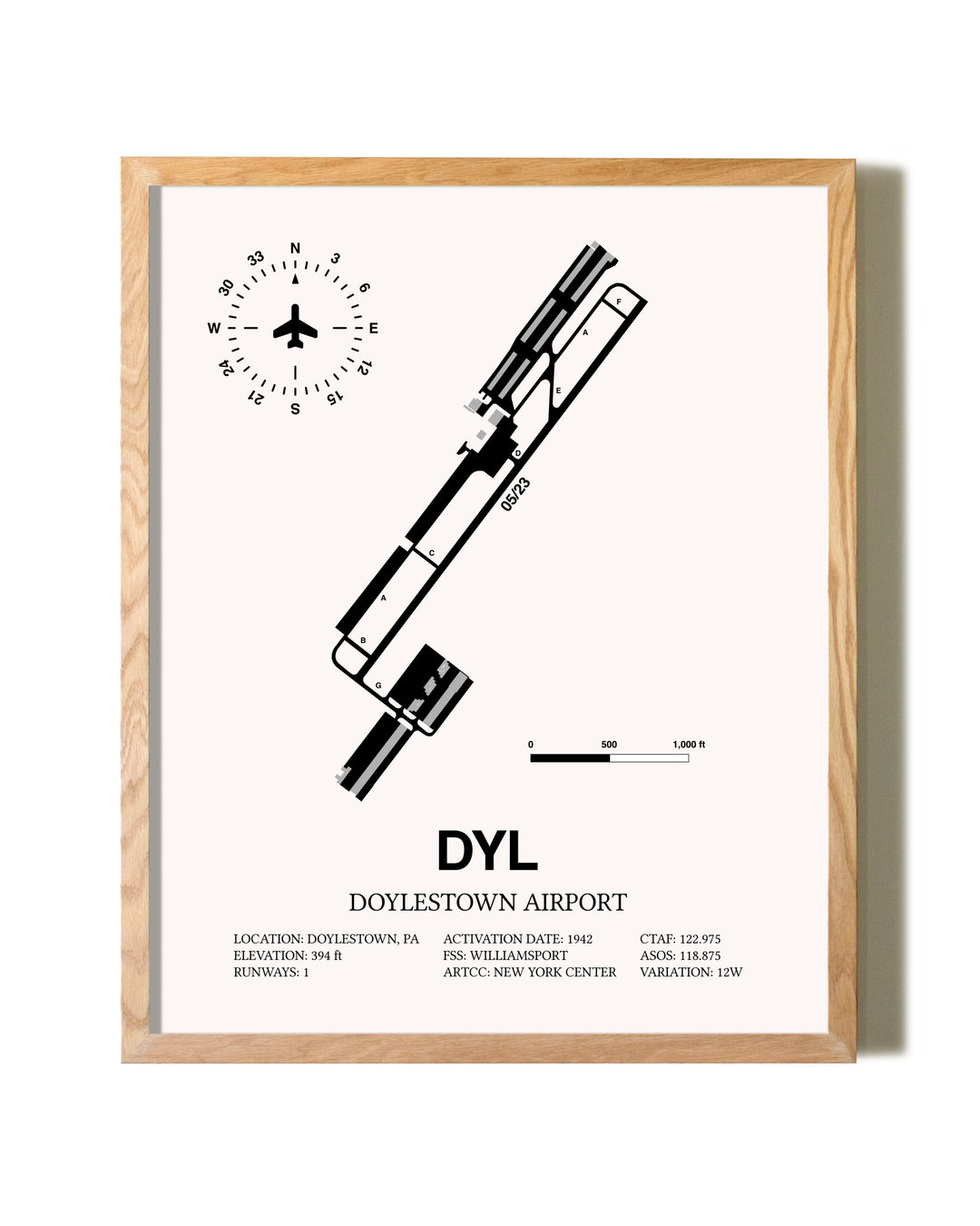 Doylestown Airport framed print in natural wood frame