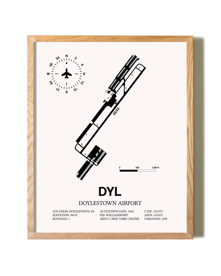 Doylestown Airport framed print in natural wood frame
