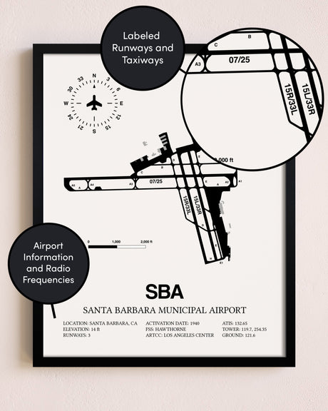Framed Santa Barbara Municipal Airport layout wall art poster