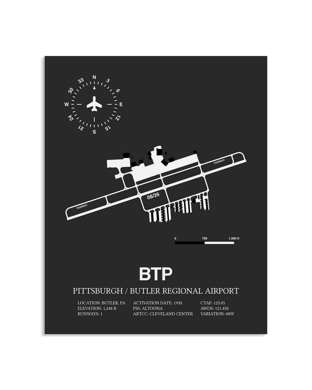 Gray Framed Pittsburgh / Butler Regional Airport layout wall art poster