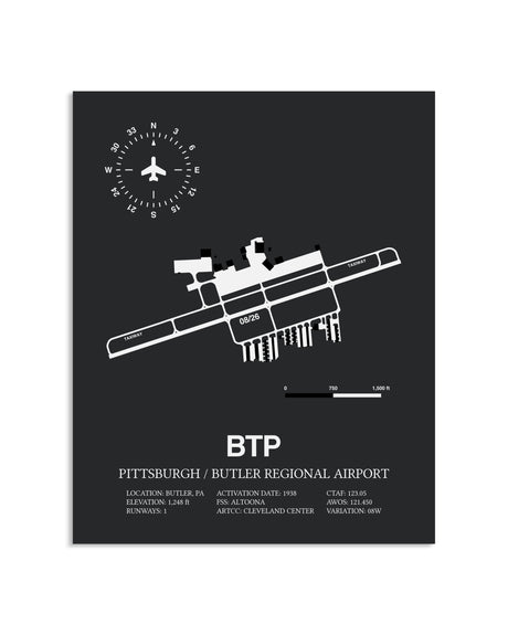 Gray Framed Pittsburgh / Butler Regional Airport layout wall art poster