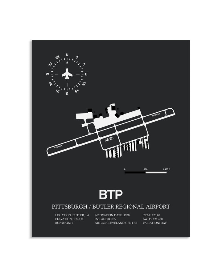 Gray Framed Pittsburgh / Butler Regional Airport layout wall art poster