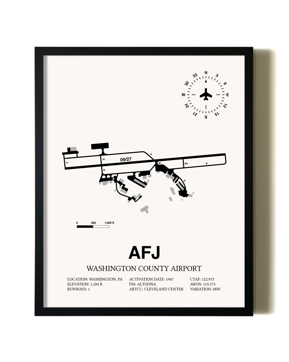 Framed Washington County Airport wall art poster in black frame