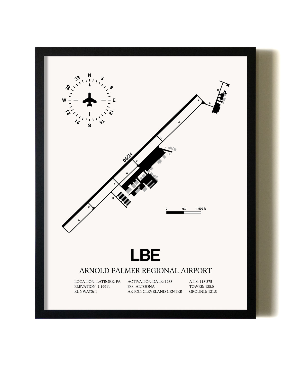 Framed Arnold Palmer Regional Airport wall art poster in black frame