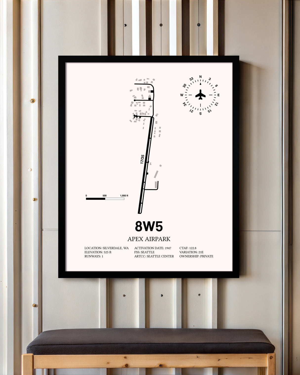 Apex Airpark framed poster displayed in an airplane hangar