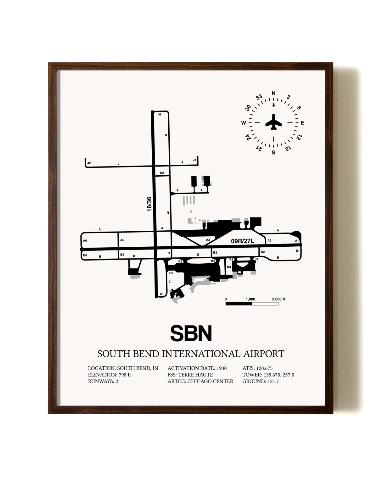 South Bend International Airport aviation print in walnut frame