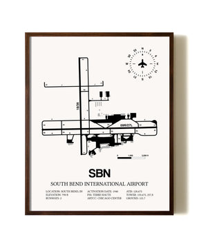 South Bend International Airport aviation print in walnut frame