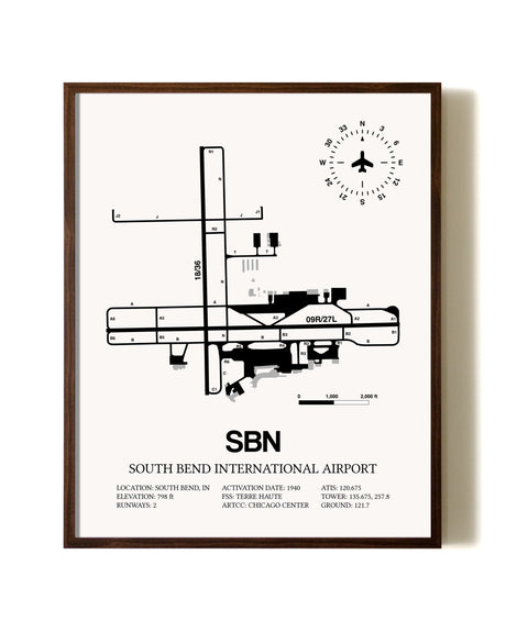 South Bend International Airport aviation print in walnut frame