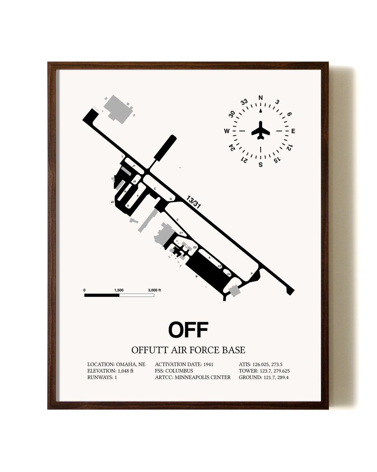 Offutt Air Force Base aviation print in walnut frame