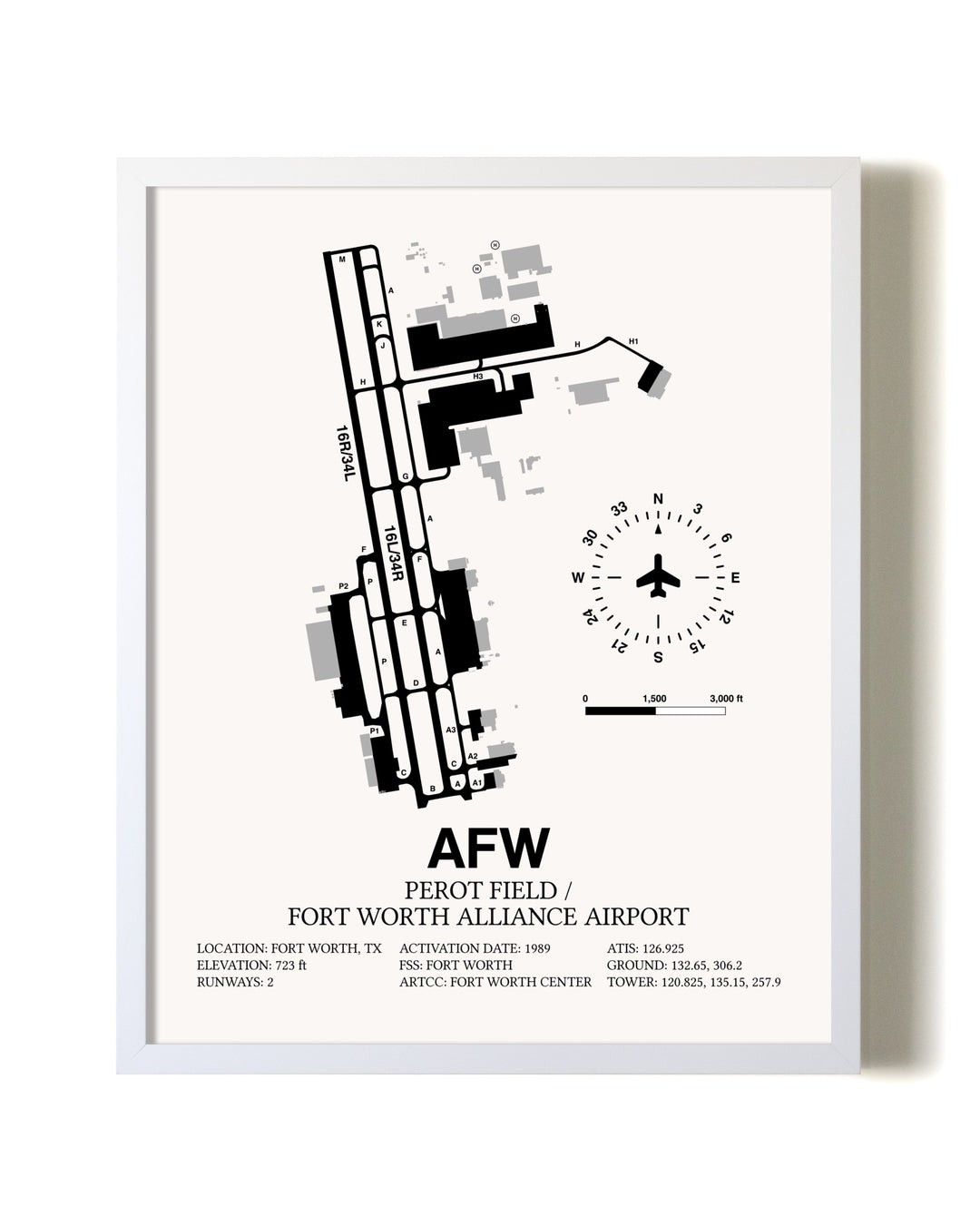 Perot Field / Fort Worth Alliance Airport airport map poster in oak frame