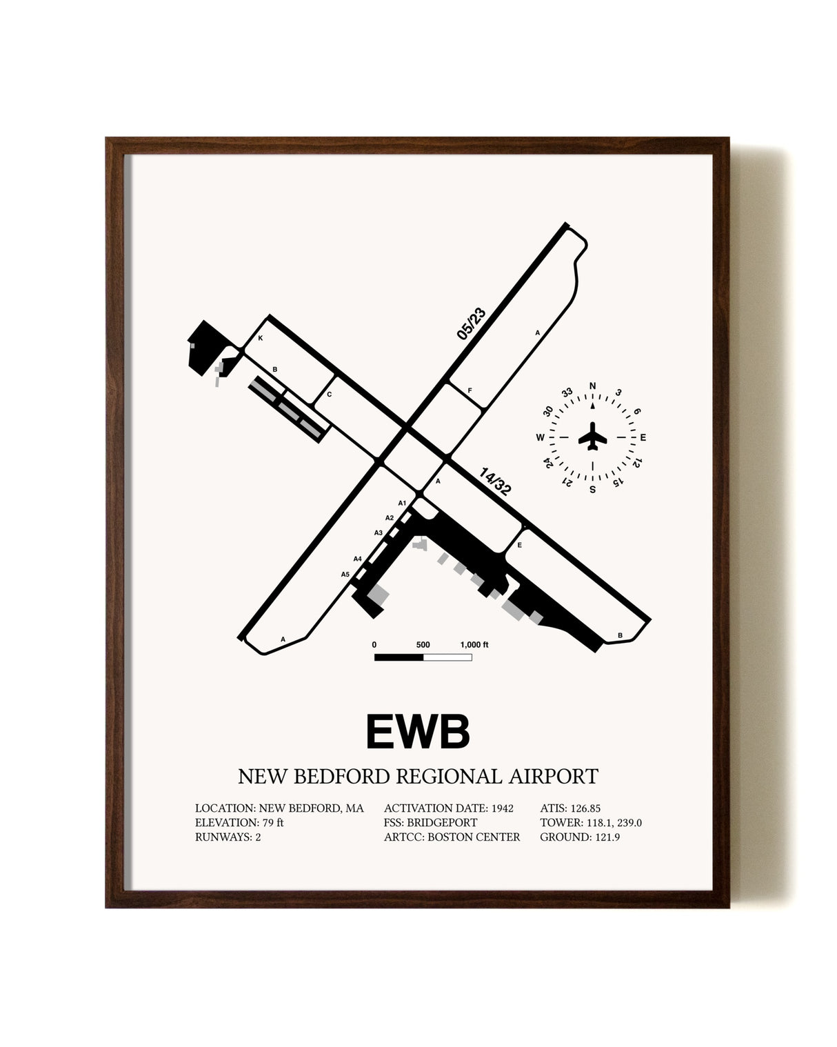 New Bedford Regional Airport aviation print in walnut frame