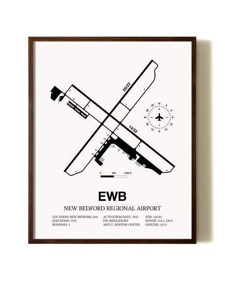 New Bedford Regional Airport aviation print in walnut frame