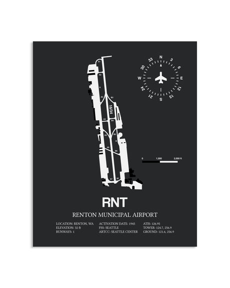 Gray Framed Renton Municipal Airport layout wall art poster
