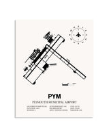 Gray Plymouth Municipal Airport framed poster displayed in an airplane hangar
