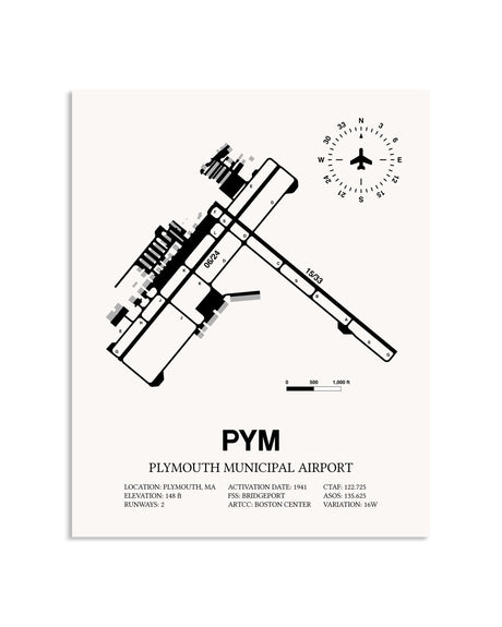 Gray Plymouth Municipal Airport framed poster displayed in an airplane hangar
