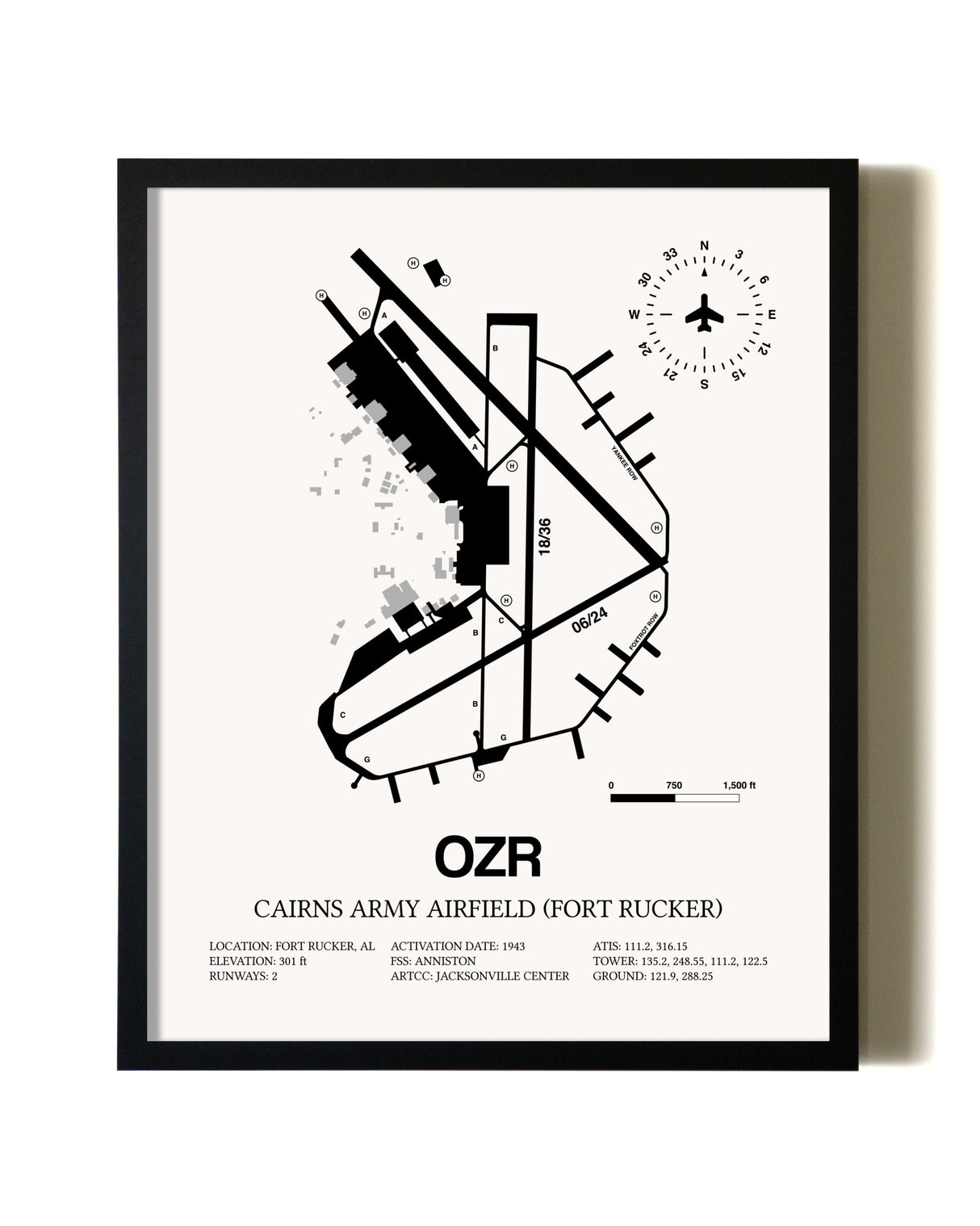 Framed Cairns Army Airfield (Fort Rucker) wall art poster in black frame