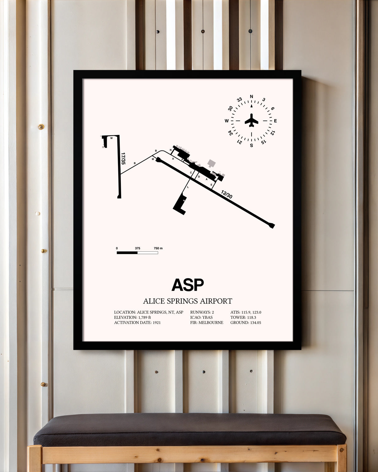 Alice Springs Airport framed poster displayed in an airplane hangar