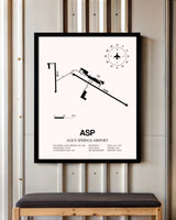 Alice Springs Airport framed poster displayed in an airplane hangar
