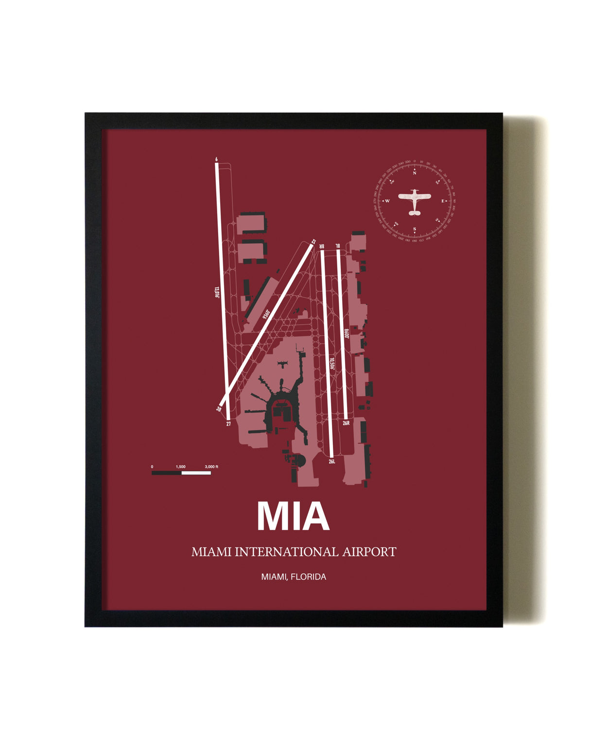 Red Framed Miami International Airport wall art poster in black frame
