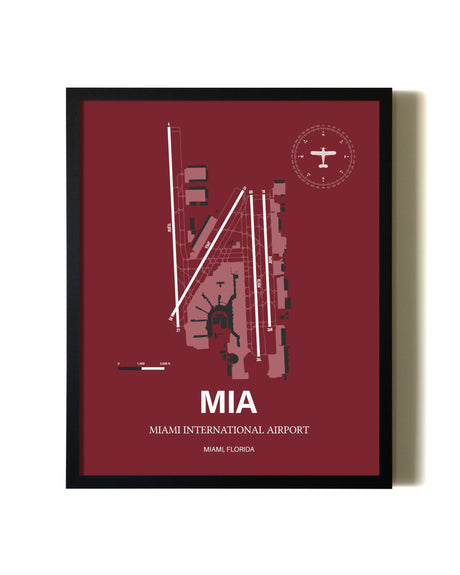 Red Framed Miami International Airport wall art poster in black frame