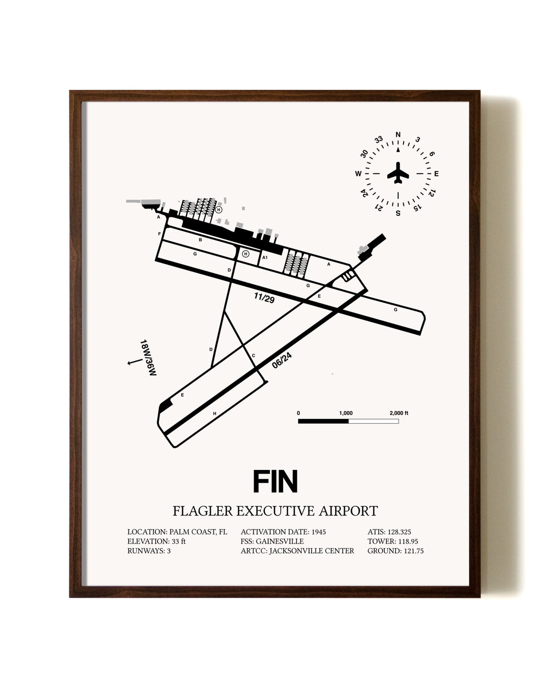 Flagler Executive Airport aviation print in walnut frame