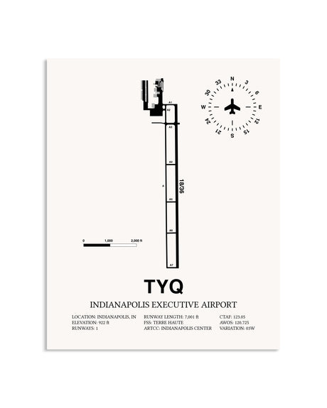 Gray Indianapolis Executive Airport framed poster displayed in an airplane hangar