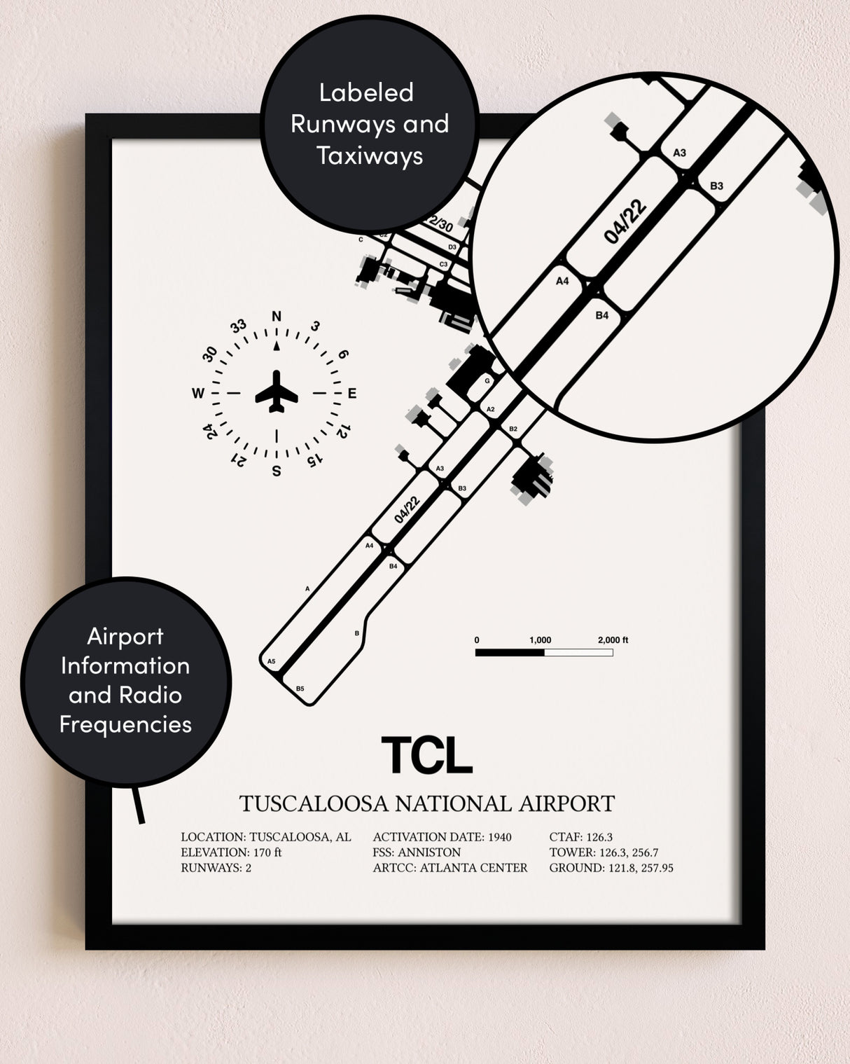 Framed Tuscaloosa National Airport layout wall art poster