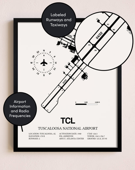 Framed Tuscaloosa National Airport layout wall art poster