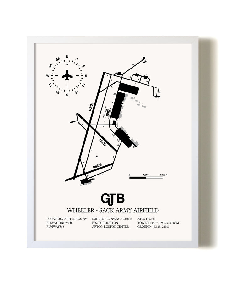 Wheeler-Sack Army Airfield airport map poster in oak frame