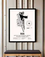 South St. Paul Municipal Airport / Richard E. Fleming Field framed poster displayed in an airplane hangar