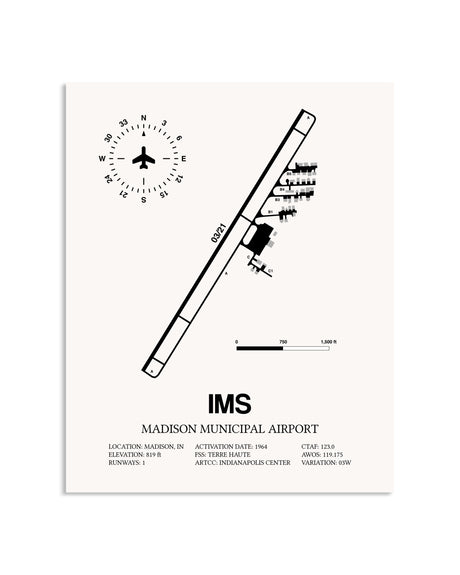 Gray Madison Municipal Airport framed poster displayed in an airplane hangar