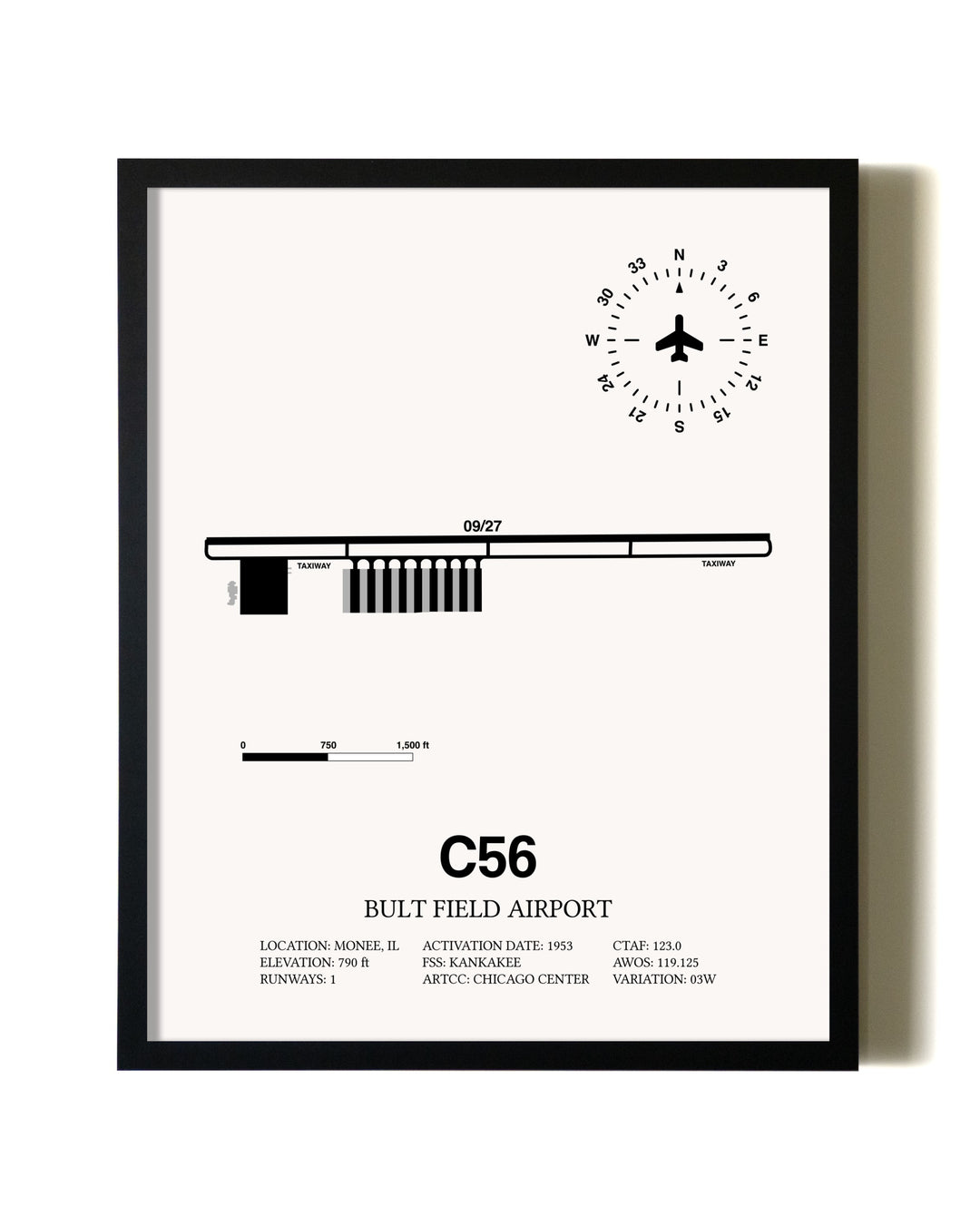 Framed Bult Field Airport wall art poster in black frame