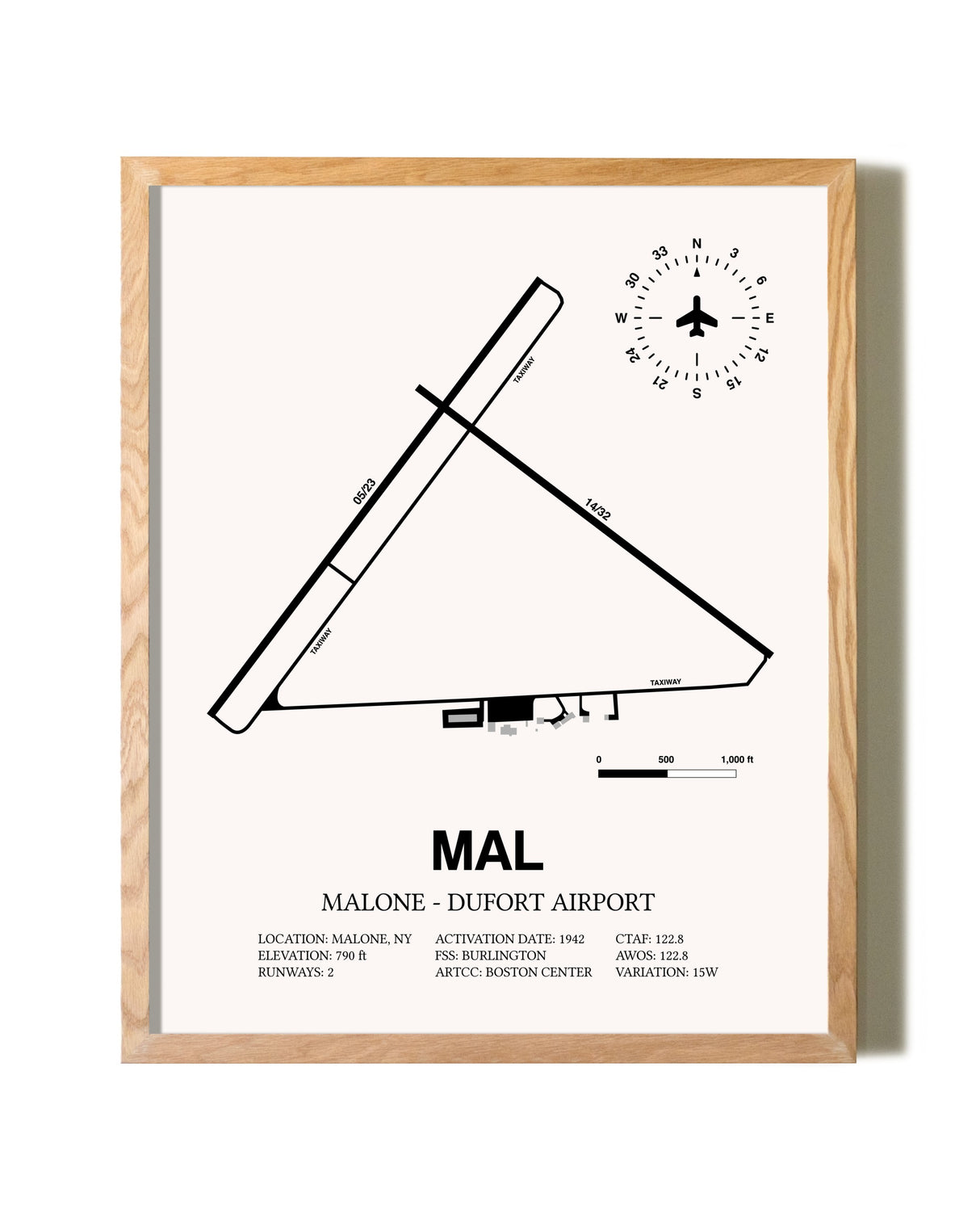 Malone-Dufort Airport framed print in natural wood frame