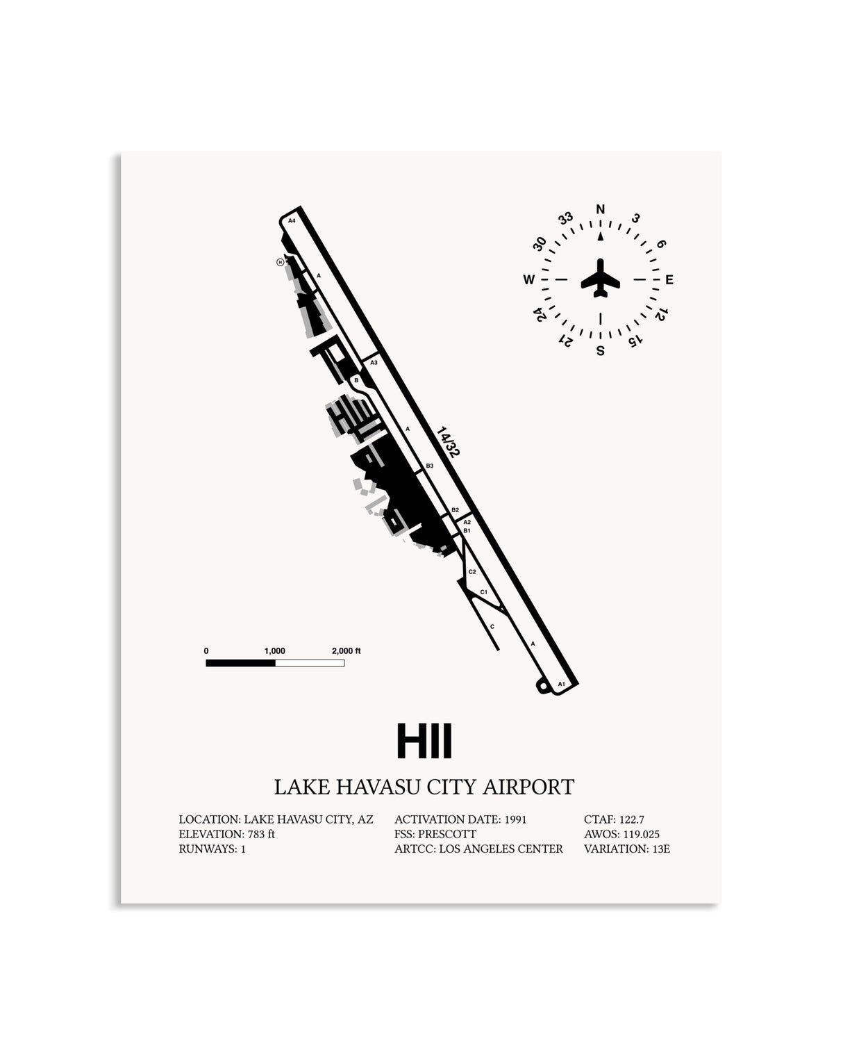Gray Lake Havasu City Airport framed poster displayed in an airplane hangar