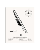 Gray Lake Havasu City Airport framed poster displayed in an airplane hangar