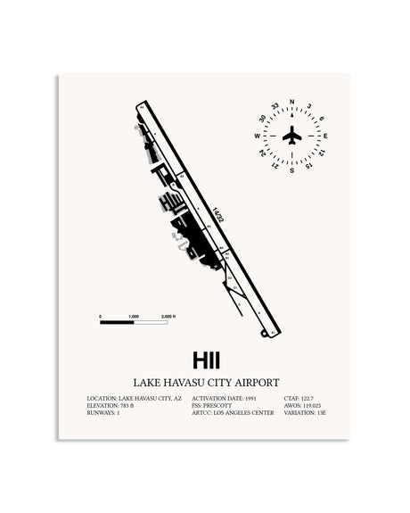 Gray Lake Havasu City Airport framed poster displayed in an airplane hangar