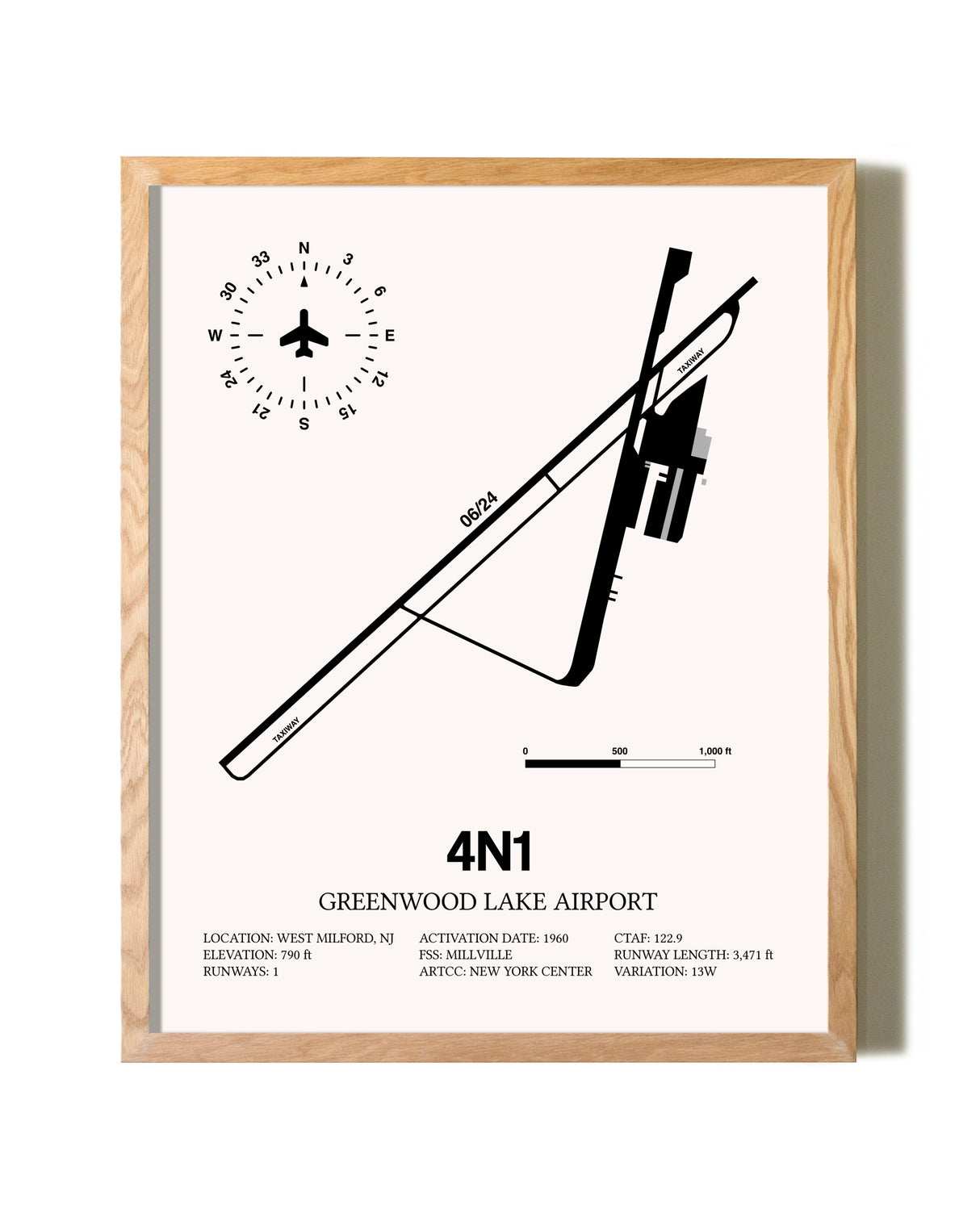 Greenwood Lake Airport framed print in natural wood frame