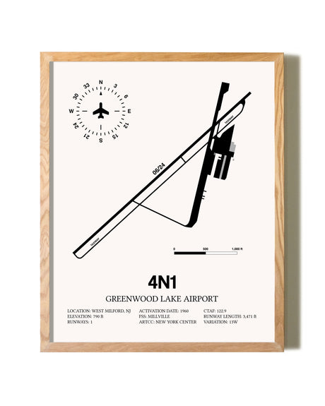 Greenwood Lake Airport framed print in natural wood frame